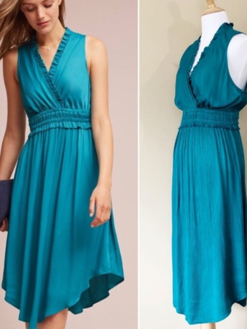 Anthropologie Maeve La Habana Turquoise Crinkle V-Neck Dress Size M